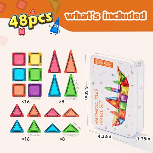 ZNZ Mini Magnetic Tiles 48PCS Travel Set with Case, Portable Magnetic Blocks Building Toys, Montessori Preschool Classroom Must Haves Sensory STEM Toys, Birthday Gift for Boys Girls Ages 3-8 - style: 48