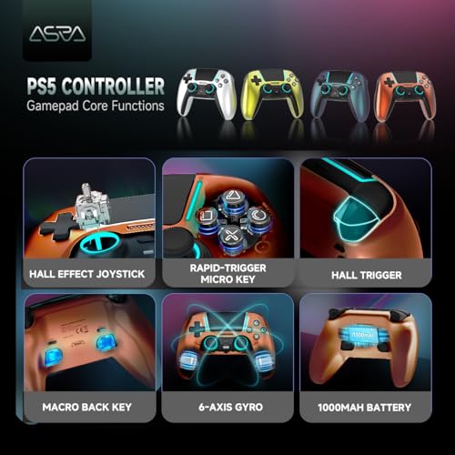 ASRVA Chrome Orange Wireless Pro Controller for PS5 with 4 Paddles, Hall Effect (Anti-Drift) Joystick, Micro-Switch ABXY, 6-Axis Gyro, Macro, 1000mAh, RGB Lighting - Compatible with PS5 Pro/Slim/PC - color: Chrome Orange