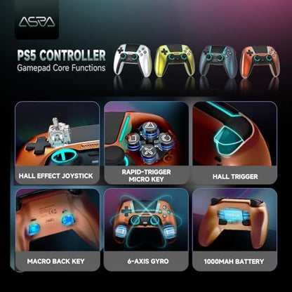 ASRVA Chrome Orange Wireless Pro Controller for PS5 with 4 Paddles, Hall Effect (Anti-Drift) Joystick, Micro-Switch ABXY, 6-Axis Gyro, Macro, 1000mAh, RGB Lighting - Compatible with PS5 Pro/Slim/PC - color: Chrome Orange