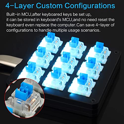 Koolertron Mechanical Numpad Macro Keyboard, 9-Key Numeric Keypad LED Backlit Gaming Keyboard, Fully Programmable Number Pad Keyboard, Computer High Ground Mechanical Macro Number Keypad - color: Black/Blue Switches/Blue LED