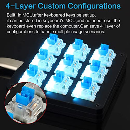 Koolertron Mechanical Numpad Macro Keyboard, 9-Key Numeric Keypad LED Backlit Gaming Keyboard, Fully Programmable Number Pad Keyboard, Computer High Ground Mechanical Macro Number Keypad - color: Black/Blue Switches/Blue LED