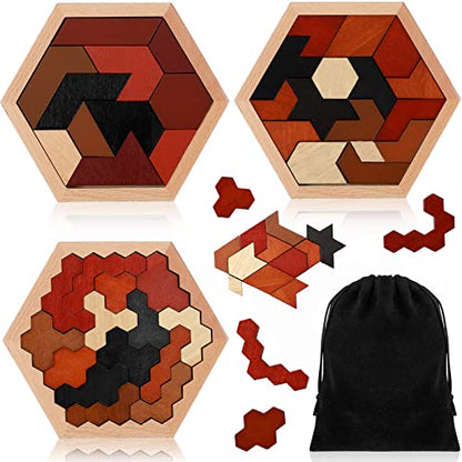 Yunsailing 3 Pack Large Hexagon Tangram Puzzle Wooden Brain Puzzles for Adult Challenge Wood Russian Blocks Brain Teasers Geometric Jigsaw Block Logic Iq Stem Family Graduation Gifts(Vintage) - style: Retro