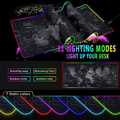 RGB Gaming Mouse Pad 31.5" x 12" – Large Extended LED Mouse Pad with 11 Lighting Modes, World Map Desk Mat, Waterproof Smooth Surface, Non-Slip Rubber Base, Great for Christmas & Holiday Gifts