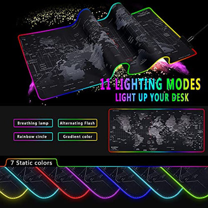 RGB Gaming Mouse Pad 31.5" x 12" – Large Extended LED Mouse Pad with 11 Lighting Modes, World Map Desk Mat, Waterproof Smooth Surface, Non-Slip Rubber Base, Great for Christmas & Holiday Gifts