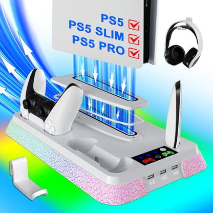 PS5 Stand and Cooling Station with RGB Controller Charging Station for PlayStation 5 Console, PS5/Slim/Pro Controller Charger, PS5 Cooling Stand, PS5/Slim/Pro Accessories Kit with 3 Level Cooler Fan - color: Boom-white