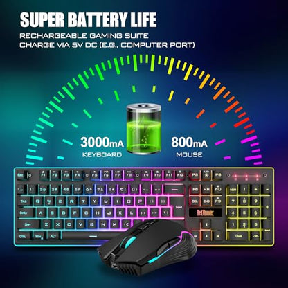 RedThunder K10 Wireless Gaming Keyboard and Mouse Combo, RGB Backlight Rechargeable 3800mAh Battery, 26-Key Anti-ghosting Keyboard + 7D 3200DPI Mice for PC Gamer - color: Black RGB