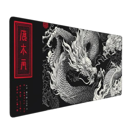 Large Gaming Mouse Pad with Dragon Design, Non-Slip, 35.4" x 15.7", Black and Red Japanese Style Desk Mat - color: Dragon