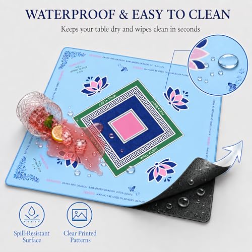 Mahjong Mat 31.5x31.5 Inch, Non-Slip Rubber American Mahjong 3mm Mat with Rules, Lotus Butterfly Hand-Painted Look Noise Reducing Game Neoprene Mat for Table (Lotus Classic) - color: Lotus Classic