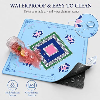 Mahjong Mat 31.5x31.5 Inch, Non-Slip Rubber American Mahjong 3mm Mat with Rules, Lotus Butterfly Hand-Painted Look Noise Reducing Game Neoprene Mat for Table (Lotus Classic) - color: Lotus Classic