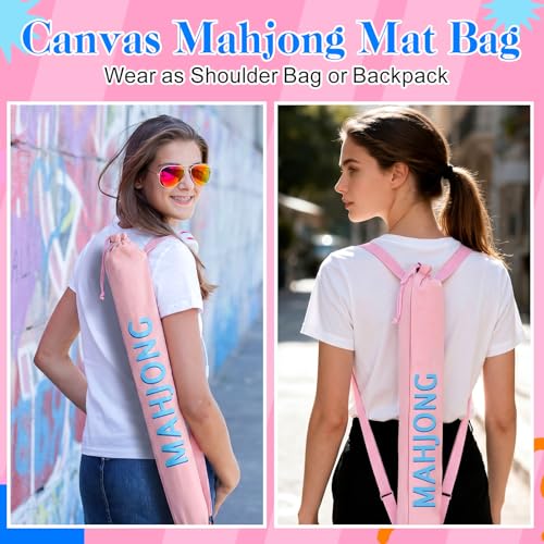 34 Inch Light Pink Canvas Drawstring Mahjong Mat Bag with Shoulder Strap, Mahjong Holder Lightweight Outdoor Carrying Bag for Travel Game Night, Storage Mat Not Include - color: Pink, style: Cute