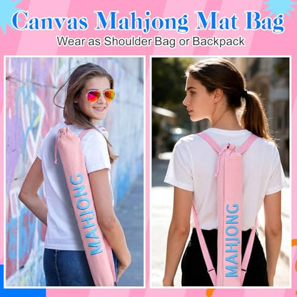 34 Inch Light Pink Canvas Drawstring Mahjong Mat Bag with Shoulder Strap, Mahjong Holder Lightweight Outdoor Carrying Bag for Travel Game Night, Storage Mat Not Include - color: Pink, style: Cute