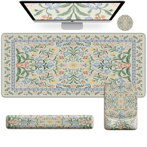 iCasso Mouse Pad with Wrist Rest, Large Desk Mat Set, Light Green | Ergonomic Keyboard Pad with Wrist Support, Non-Slip Mouse Mat for Women, Cute Floral Computer Mat for Home Office Gaming - color: Light Green