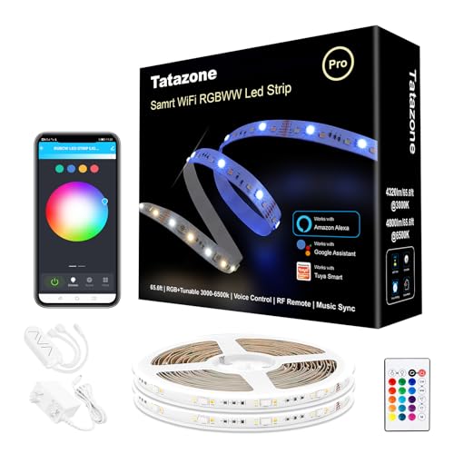 Tatazone RGBWW Smart LED Strip Lights, 65.6ft Tunable White 3000K to 6500K+RGB WiFi Led Lights Work with Alexa Google, Music Sync Color Changing Indoor for Kitchen, Room, Cabinet, 2 Roll of 32.8ft - style: WiFi-65.6ft-Alexa and Google