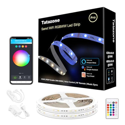 Tatazone RGBWW Smart LED Strip Lights, 65.6ft Tunable White 3000K to 6500K+RGB WiFi Led Lights Work with Alexa Google, Music Sync Color Changing Indoor for Kitchen, Room, Cabinet, 2 Roll of 32.8ft - style: WiFi-65.6ft-Alexa and Google