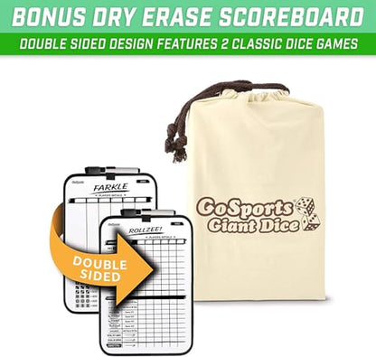 GoSports Giant Wooden Playing Dice Set with Rollzee and Farkle Scoreboard - Includes 6 Dice, Dry-Erase Scoreboard and Canvas Tote Bag - Choose 2.5 Inch or 3.5 Inch Dice) - style: 2.5 Inch Natural Wood Dice