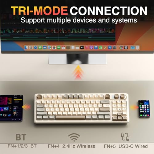 SOLAKAKA SK90 75% Wireless Gaming Keyboard - 4000mAh Tri-Mode (BT5.0/2.4G/USB-C) Cute Creamy Gaming Keyboard with Number Pad, Media Knob, RGB Backlit, Quiet Keys Silent Office Keyboards for PC MAC - color: Creamy, size: SK90 - Wireless