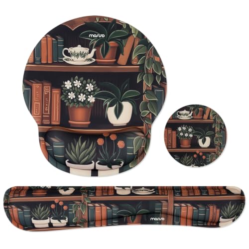 MOSISO Wrist Rest Support for Mouse Pad&Keyboard Set, Streamline Ergonomic Mousepad&Coaster Non-Slip Base Home/Office Pain Relief&Easy Typing Pad with Silicone Lining, Vintage Plant Bookshelf
