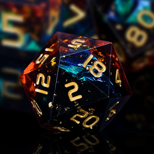 ARUOHHA DND Resin Dice Set 7Pcs Handmade Glitter Inclusions Sharp Edge Dragons Dice with Box, Role Playing Game RPG Lightning Polyhedral Dungeons D and D Dice Set - color: Orange Green