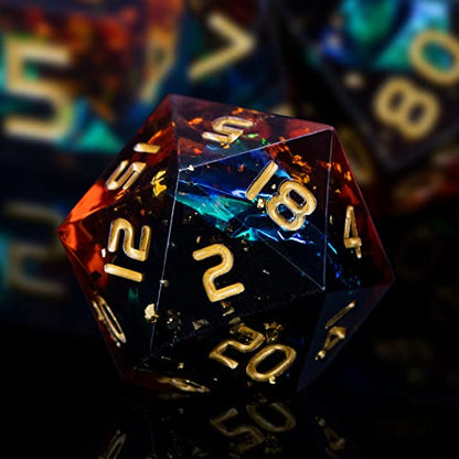 ARUOHHA DND Resin Dice Set 7Pcs Handmade Glitter Inclusions Sharp Edge Dragons Dice with Box, Role Playing Game RPG Lightning Polyhedral Dungeons D and D Dice Set - color: Orange Green