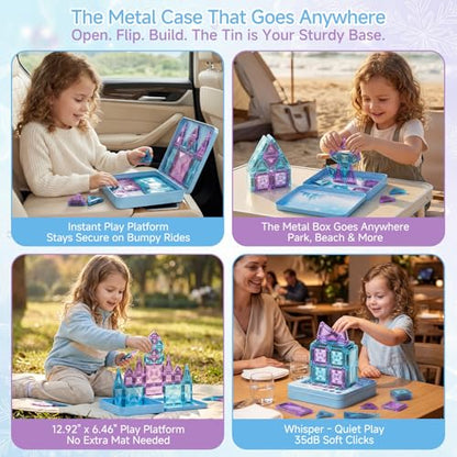 burgkidz Magnetic Travel Tiles for Kids 3-8: 42PCS Large & Small Ice Blue Purple Glitter Blocks – 2-in-1 Storage & Base – 90+ Min Quiet Play, 300+ Builds, 30s Cleanup – Car & Plane Toys for Girls - color: Blue