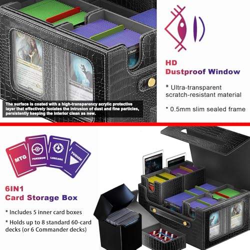 Commander Deck Box for MTG, 6-Deck Modular Card Case with Dice Tray, Holds 600+ Double-Sleeved Cards and 35PT Magnetic Card Holders, for Trading Cards & TCG Collections（Black） - color: Clutch Texture - Black
