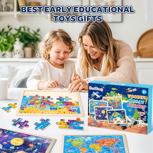 Puzzles for Kids Ages 4-6, 4 Packs 24 Pcs Wooden Jigsaw Puzzles for Toddlers Ages 2-4, Preschool Educational Map Puzzle Toys Gifts for 3 4 5 6 Boys Girls - style: Solar System