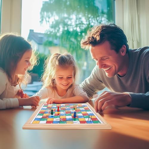 Gothink Wooden Snakes and Ladders Game - 13 Inch Educational Board Game for Children Ages 3 and Up & Adults - Classic Board Game Includes 6 Counters & 2 Dice, Rules
