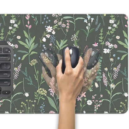 Green Plant and Floral Mouse Pad,Large Flowers Mousepad Desk Pad with Stitched Edges,Non-Slip Waterproof Rubber Base Mouse Mat for Office Computer Keyboard Laptop Home 27.5x11.8 in - color: Black background with small flowers