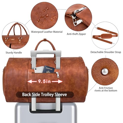 Garment Bag for Travel Convertible Carry on Travel Duffel Bag for Men Women | 3PCS Large Weekender Bag with Waterproof Shoes Pouch 2 in 1 Hanging Clothes Suit Dress Bag Travel Garment Duffel Bag 56L - color: A5-Brown-Faux Leather