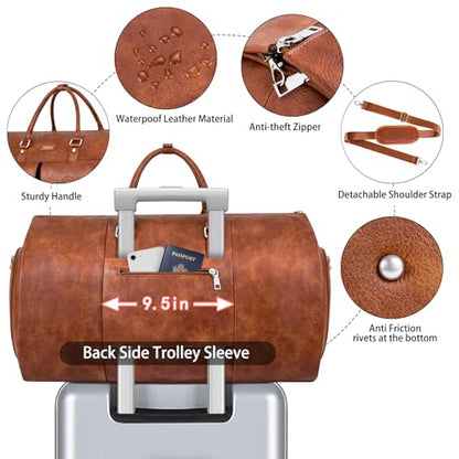 Garment Bag for Travel Convertible Carry on Travel Duffel Bag for Men Women | 3PCS Large Weekender Bag with Waterproof Shoes Pouch 2 in 1 Hanging Clothes Suit Dress Bag Travel Garment Duffel Bag 56L - color: A5-Brown-Faux Leather