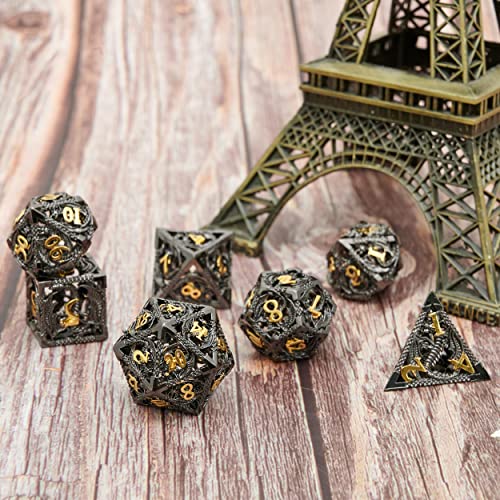 Metal DND Dragon Dice Set Dungeons and Dragons for Role Playing Games (RPG) MTG Pathfinder Tabletop Games(Black Gold) - color: Black/Gold