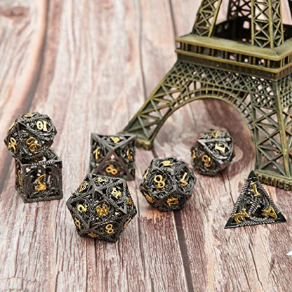 Metal DND Dragon Dice Set Dungeons and Dragons for Role Playing Games (RPG) MTG Pathfinder Tabletop Games(Black Gold) - color: Black/Gold