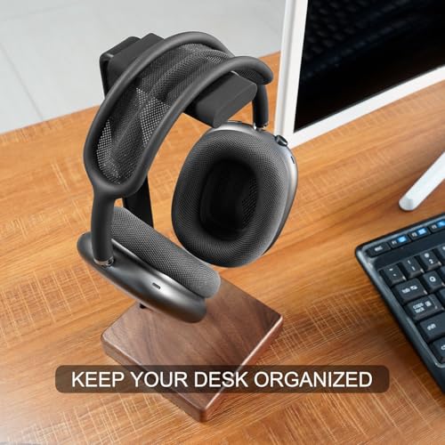 GEVO Headphone Stand Headset Holder - Headset Metal Mount Rack for Desk with Walnut Wooden Square Base for Gaming, AirPod Max, Bose, Sony, Razer, Jabra, JBL