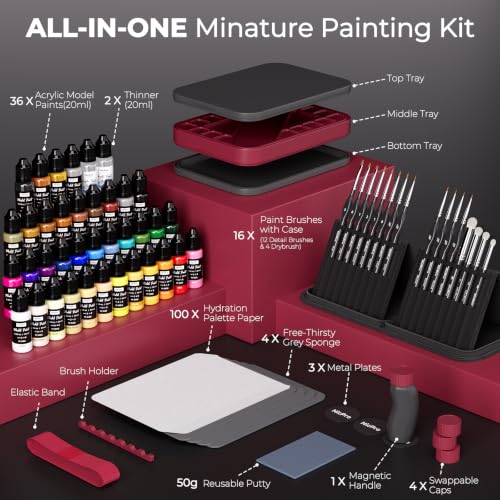 Nicpro All-in-One Miniature Painting Kit with 36 Model Paints & Wet Palette | Stay Wet Palette, 16PCS Detail Paint Brushes Drybrush with Bag, Magnetic Painting Handle, Sponges, Pallet Paper, Brush Holder - color: 36 Model Paint + Wet Palette