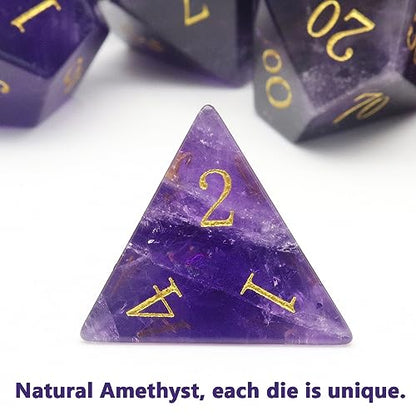 Haxtec Natural Amethyst Gemstone DND Dice with Premiun DND Dice Case Semi-Precious Gem D&D Dice Compatible with Dungeons and Dragons TTRPG Gift - color: Purple