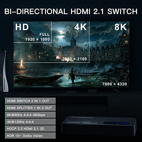 HDMI Switch 8k@60hz Splitter, AVIDGRAM Bidirectional HDMI Switcher 2 in 1 Out, Splitter 1 in 2 Out, Support 4K@120hz, Compatible with PS5, XSX, UHD TV, Monitor, Projector (1 Display at a time) - size: 8K 60Hz Bi-Directional HDMI Switch/Splitter