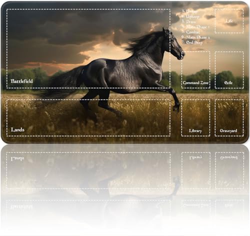 Playmat for MTG Magic Size 24x14 Inch Game Mats Tabletop Magic Play Mats,Premium Smooth Rubber Surface, Mousepad Compatible Qindaiwen for MTG RPG CCG Trading Card Game Play mats, Black Horse - color: Black Horse, size: playmat with zones