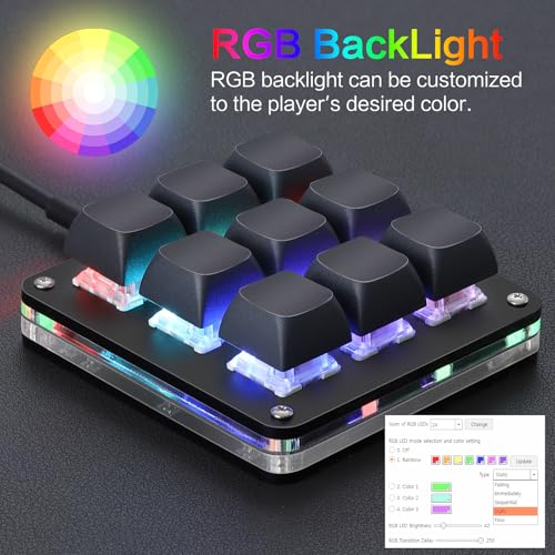 Koolertron Macro Programmable Keypad, One Handed Programmable Mechanical Keyboard, RGB Blue Switch Hot Swappable, 9 Keys Backlit Keypad for Working and Gaming, Black - size: 9-key (No Knob)