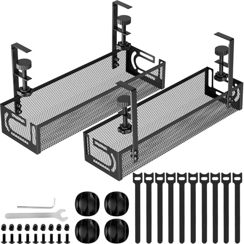 Cable Management, 2 Pack Cable Management Under Desk, Cable Tray | No Drill Under Desk Cable Management Tray, Cord Organizer with Clamp for Standing Desk, Desk Organizer for Home Office - color: Black, size: 15.3''+15.7'' (2 Pack)