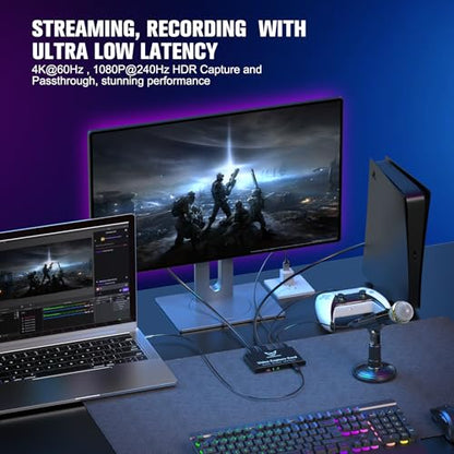 4K60Hz Capture Card 1080P240Hz VRR Passthrough PS5 Xbox | Lag-free HDR audio video recorder device with 3.5mm ports & USB 3.2 fast-charging support - size: 4K 60Hz Black
