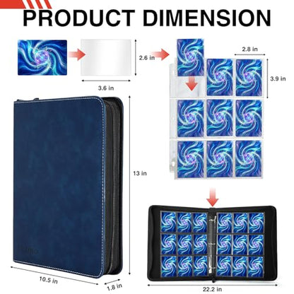 9 Pocket Trading Card Binder, 900 Cards Zip Album, Blue | 50 Pcs Double Sided Sleeves, 3 Rings, Card Organizer for Baseball, Football, Basketball, Sports, Game Cards - color: Blue
