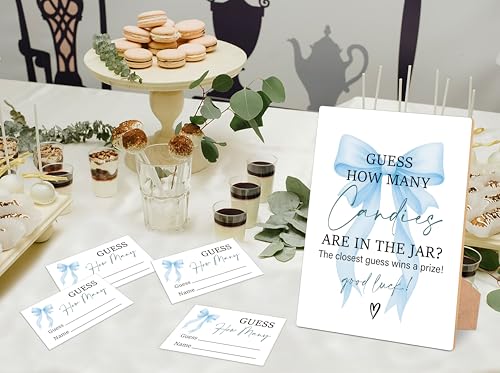 Blue Bow Guess How Many Candies Are In The Jar Game, Pack of 1 Wooden Tabletop Sign with Stand and 50 Guessing Cards, Blue Coquette Bow Baby Shower Game, Gender Reveal Party Decorations - KA02 - color: Guess How Many Candies Are in the Jar