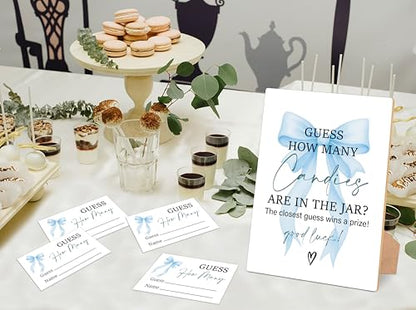 Blue Bow Guess How Many Candies Are In The Jar Game, Pack of 1 Wooden Tabletop Sign with Stand and 50 Guessing Cards, Blue Coquette Bow Baby Shower Game, Gender Reveal Party Decorations - KA02 - color: Guess How Many Candies Are in the Jar