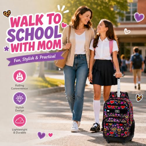 3Pcs Rolling Backpack for Girls Women, Leopard print Travel Roller Backpacks with Wheels for Adults, Teens College Wheeled Bookbag with Lunch Box(Brown) - color: Brown Love
