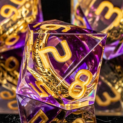OUKELANWO Magic Lord Rings DND Dice Set with Box, 7Pcs Resin LOTR D&D Dice Set for Role Playing Game, Purple Gold Dungeons Dragons D and D Sharp Edge Dice D20 D12 D10 D8 D6 D4 - color: Purple
