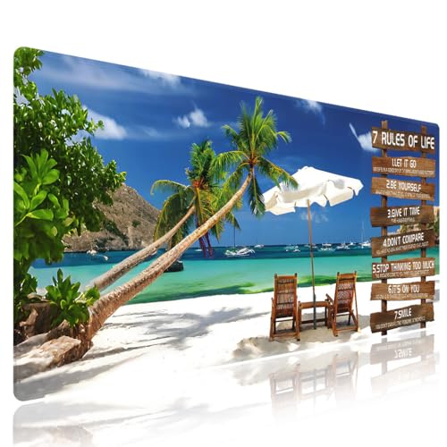 7 Rules of Life Inspirational Large Mouse Pad, Tropical Beach Palm Desk Mat | Keyboard Mat Stitched, 31.5" x 11.8", Positive Motivational Quote Rustic Wood, Summer Scenery Coastal Ocean Landscape - color: Vibrant Design J03K