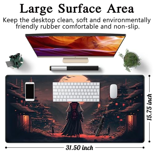 Japanese Landscape Desk Mat Post Moonlight Samurai Mouse Pad Large Dark Aesthetic Desk Pad Gaming Mousepad Extended XXL 31.5 x 15.7 in Laptop Computer Mouse Keyboard Mat - color: A Japan Samurai