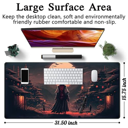Japanese Landscape Desk Mat Post Moonlight Samurai Mouse Pad Large Dark Aesthetic Desk Pad Gaming Mousepad Extended XXL 31.5 x 15.7 in Laptop Computer Mouse Keyboard Mat - color: A Japan Samurai