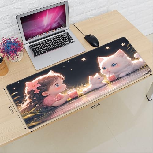XXL Gaming Mouse Pad 35.4x15.7 inch, Kawaii Juice Cat Anime Theme Desk Mat, Pink Cute Girly Scene Large Mousepad,Fantasy Artistic Keyboard Mouse Mat (Juice Meow) - color: Juice meow