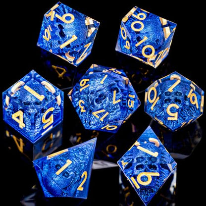 DND Skull Dice Set 7PCS Necromancer Polyhedral Dice for Dungeons Dragons RPG Role Playing Game, Resin Sharp Edged D and D Dice with Gift Box D6 D8 D10 D12 D20 (Golden Blue) - color: Blue&gold
